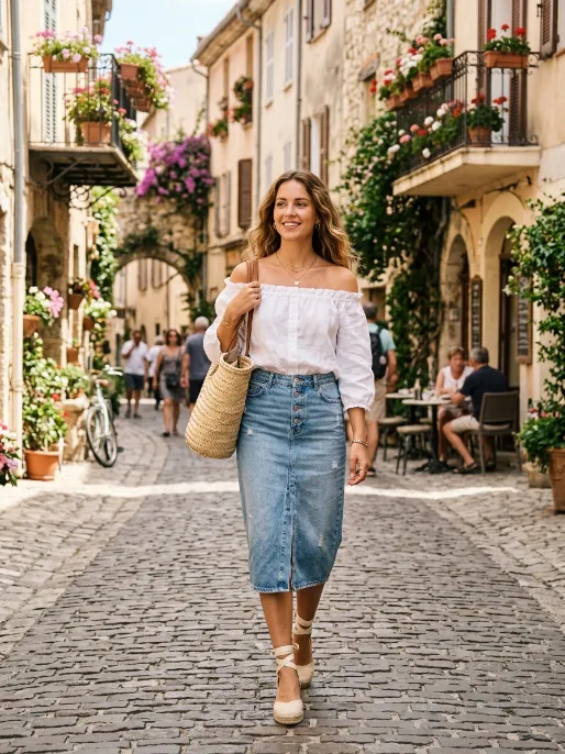 Off the shoulder top with denim skirt