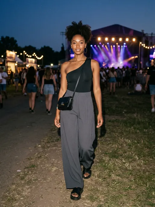 One shoulder bodysuit with wide leg pants