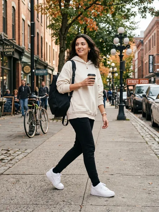 Oversized hoodie with slim sneakers