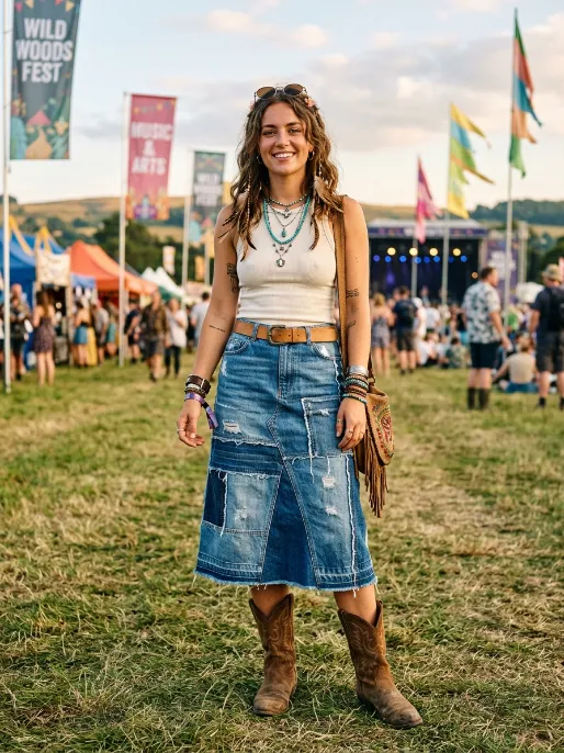 Patchwork denim skirt with simple top