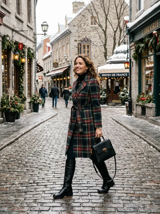 Plaid coat with black boots
