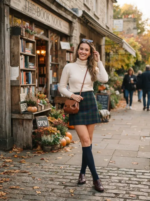 Plaid skirt with knee high socks