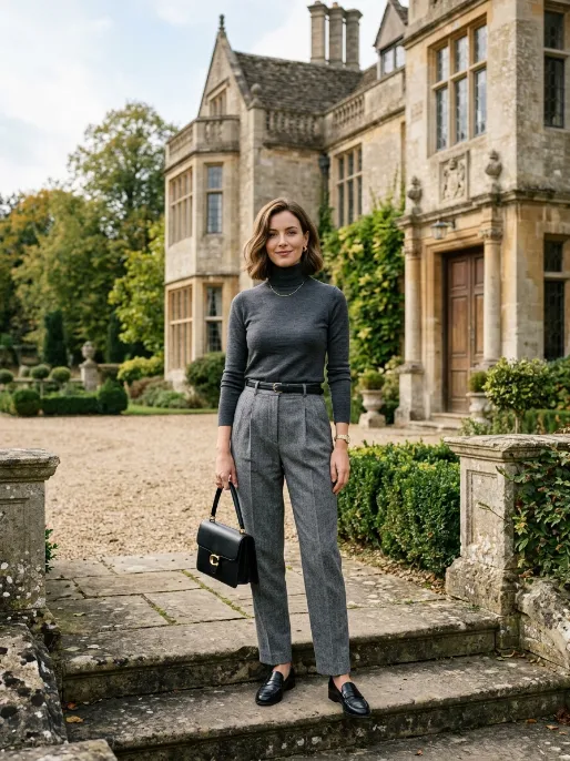 Pleated trousers with a turtleneck