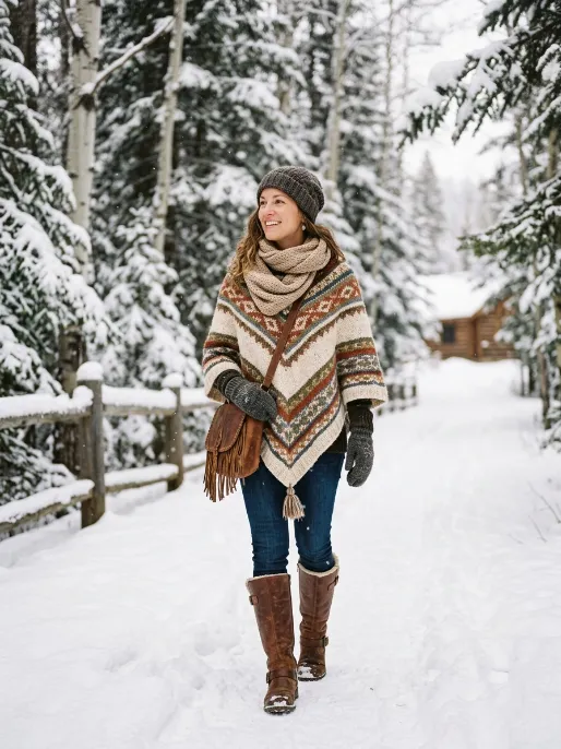 Poncho and skinny jeans