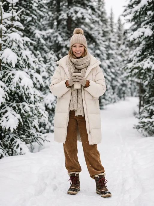 Puffer coat with corduroy pants