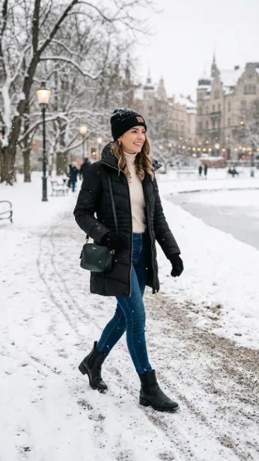 Puffer jacket over a turtleneck