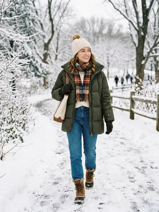 Puffer jacket and jeans