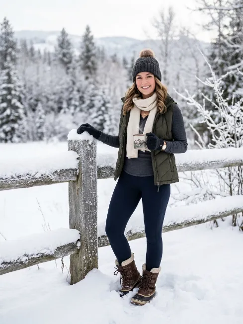 Puffer vest over a thermal base layer