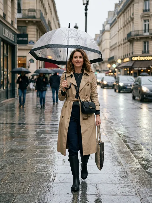 Rain boots with a trench coat