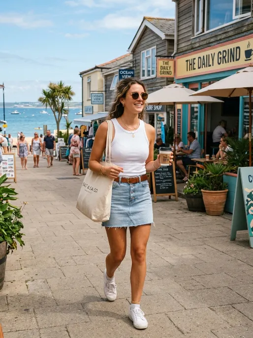Ribbed tank top with denim skirt