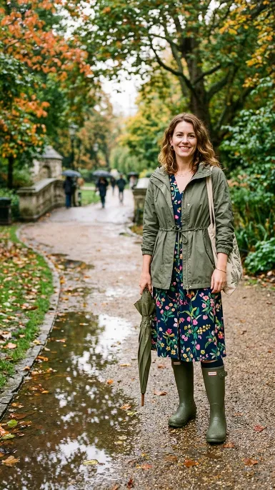 Rubber rain boots with a midi dress