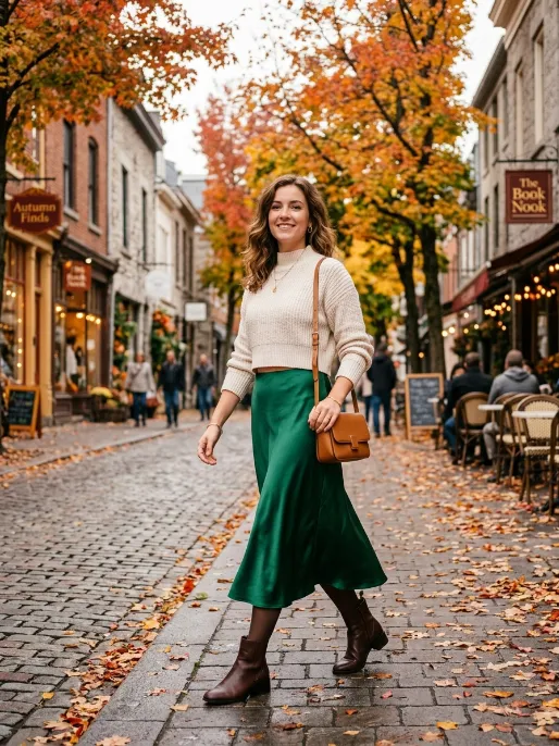 Satin a line skirt with a cropped sweater