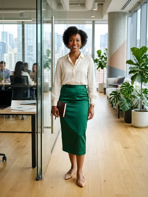 Satin pencil skirt with a silk blouse