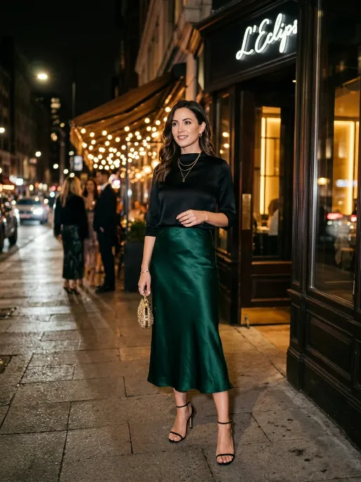 Satin skirt with heels for an evening look