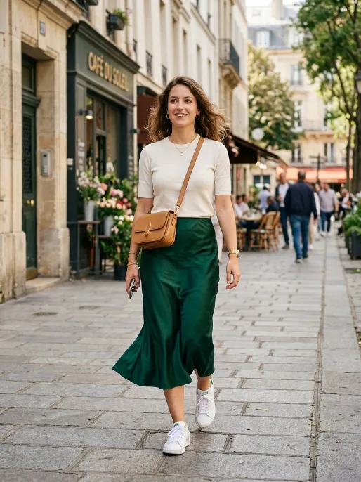 Satin skirt with sneakers for a casual look
