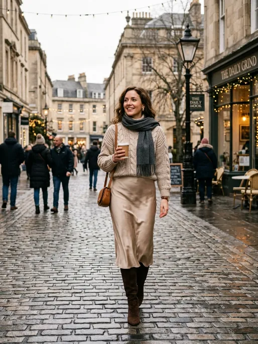 Satin skirt with a chunky knit sweater