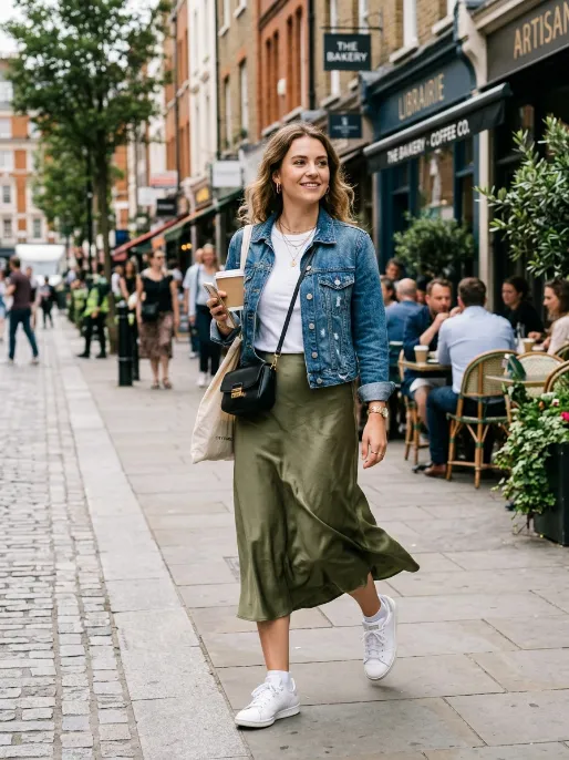 Satin skirt with a denim jacket