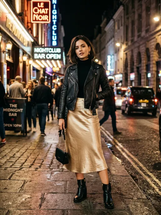 Satin skirt with a leather jacket
