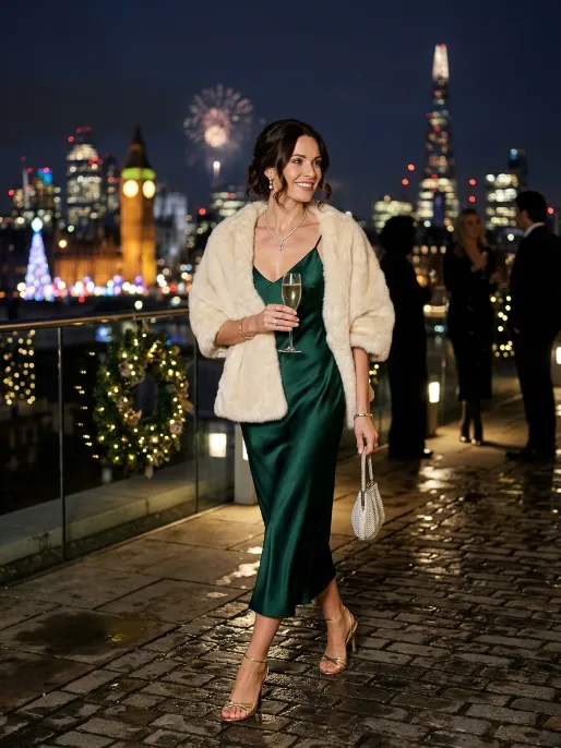 Satin slip dress with a faux fur wrap