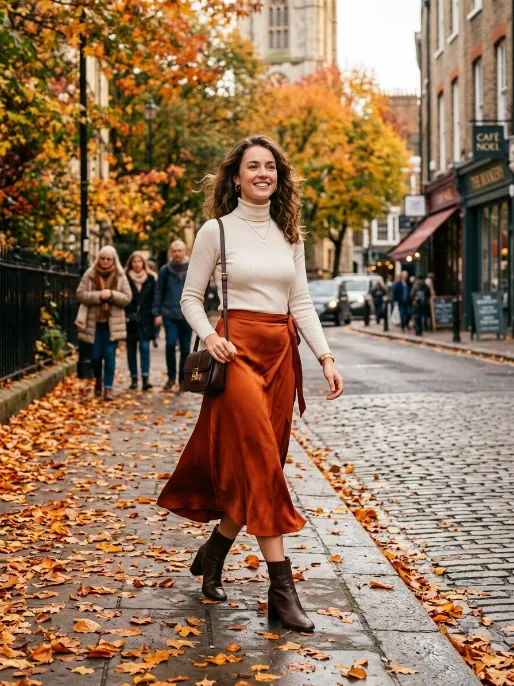Satin wrap skirt with a fitted turtleneck