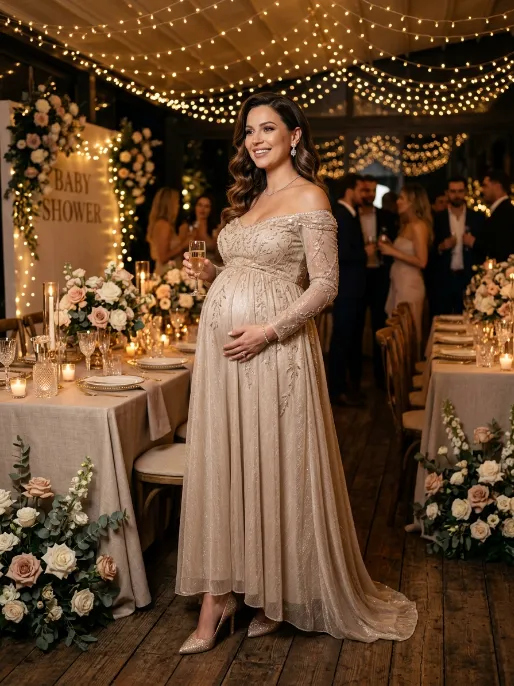 Sequin or metallic accent dress for evening showers