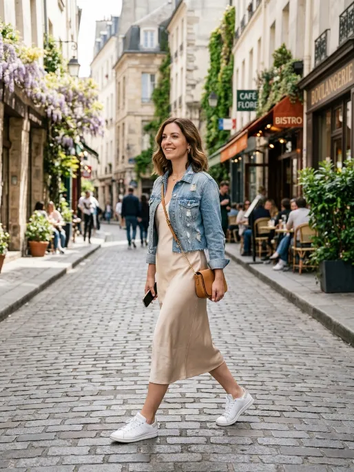 Slip dress with a denim jacket
