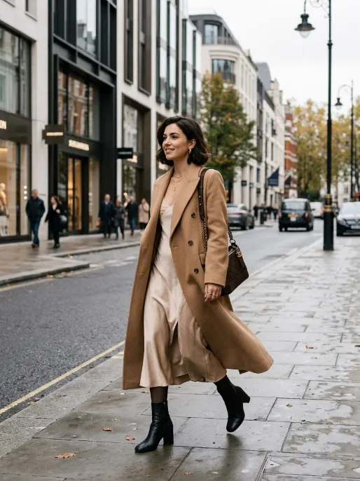 Slip dress with a structured coat