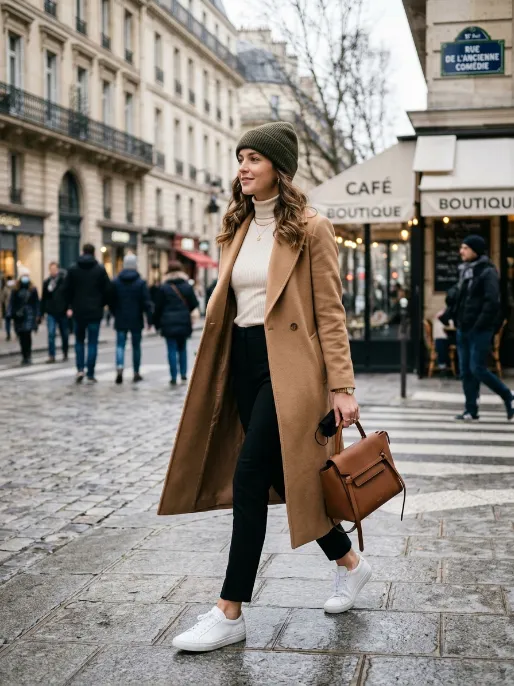 Sneakers with a long coat