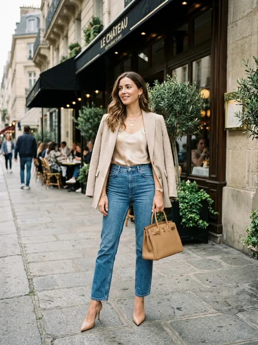 Straight leg jeans and a silk camisole