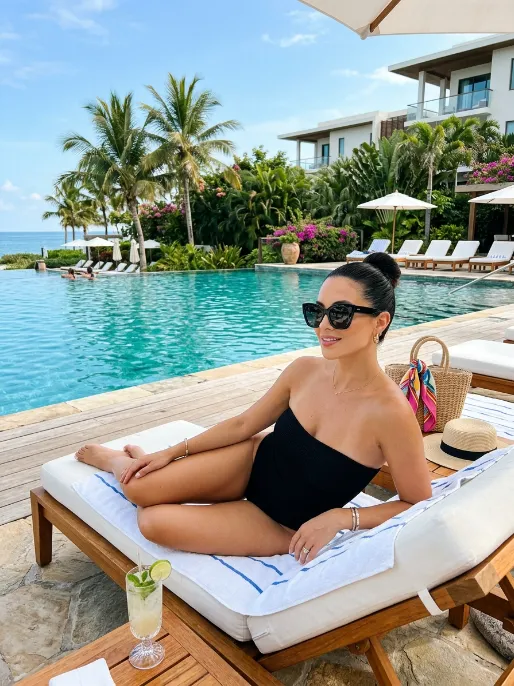 Strapless bandeau swimsuit with oversized sunglasses