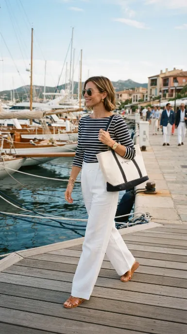 Striped boat neck tee with wide leg trousers