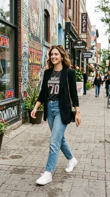 Structured blazer with a graphic tee