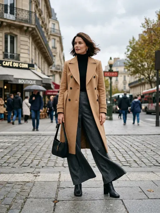 Structured coat with wide leg pants
