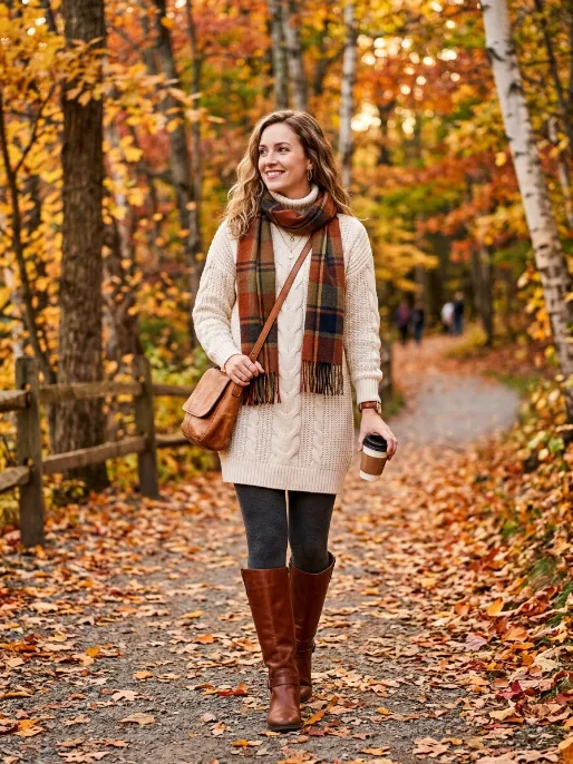 Sweater dress and tall boots 1