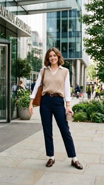Sweater vest over a long sleeve shirt