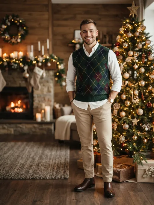 Sweater vest over collared shirt