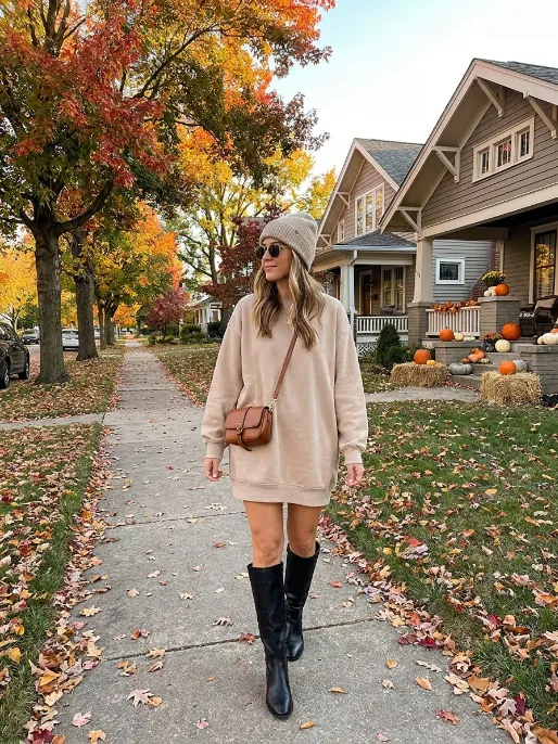 Sweatshirt dress with knee high boots