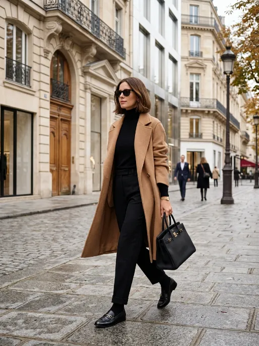The camel coat and black trouser combo