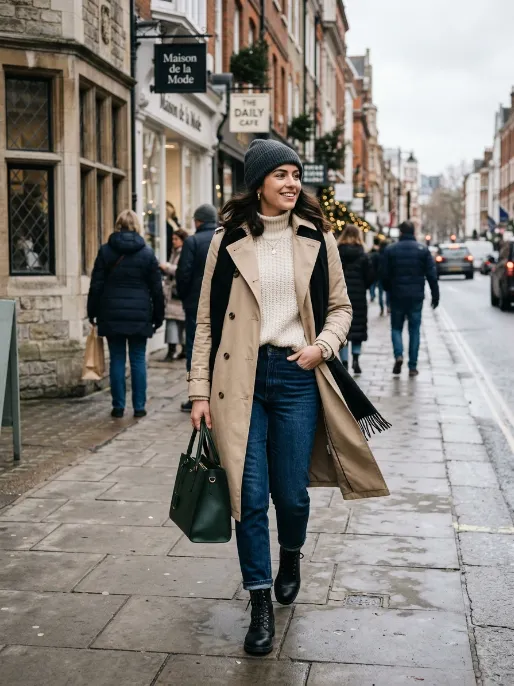 Trench coat layered over sweater