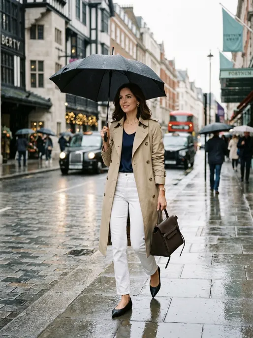 Trench coat over white jeans