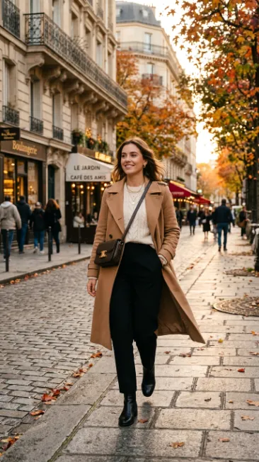 Trench coat over a knit sweater