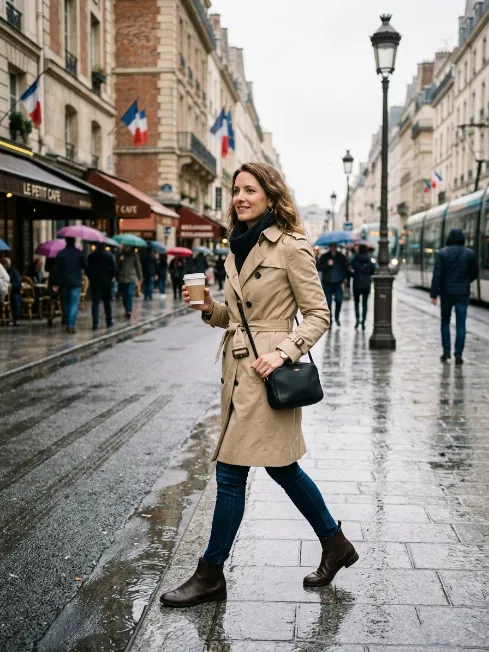 Trench coat with skinny jeans and boots
