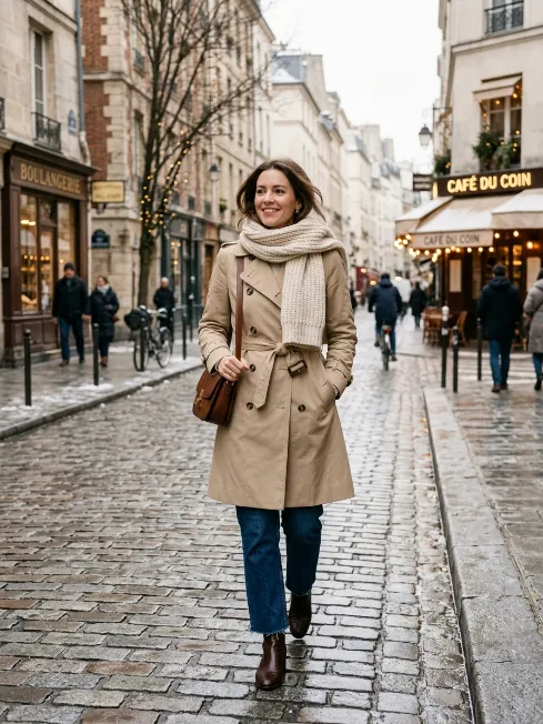 Trench coat with a chunky scarf