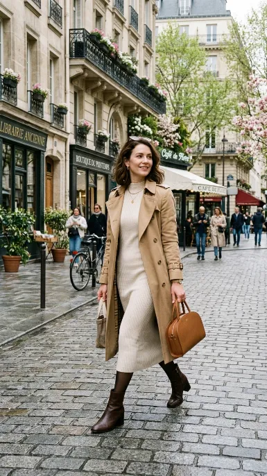 Trench coat with a knit dress