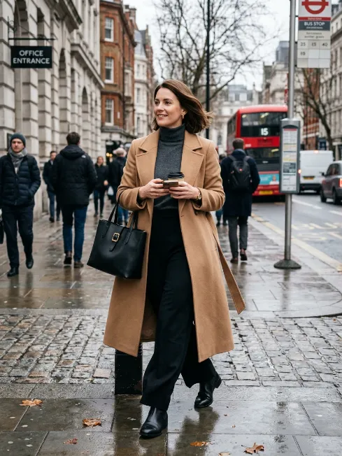 Turtleneck trousers and a long coat