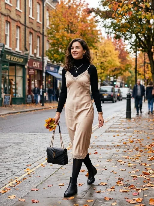 Turtleneck under a slip dress