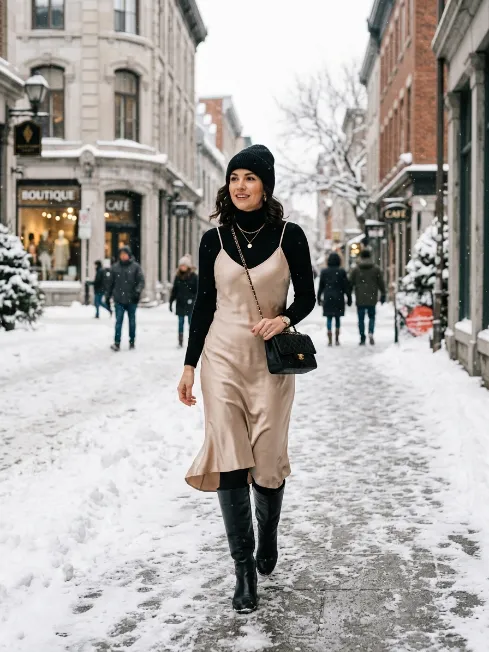 Turtleneck under a slip dress with tights
