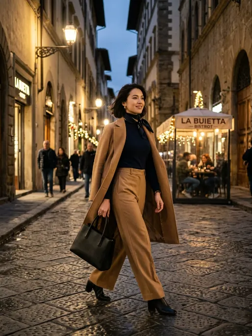 Turtleneck and wide leg trousers