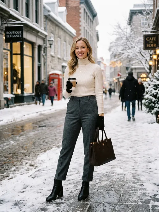 Turtleneck and wool trousers