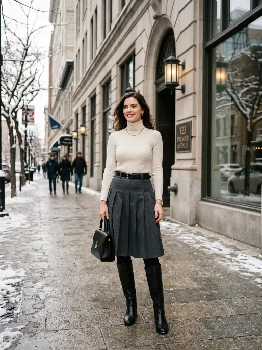 Turtleneck with a pleated midi skirt